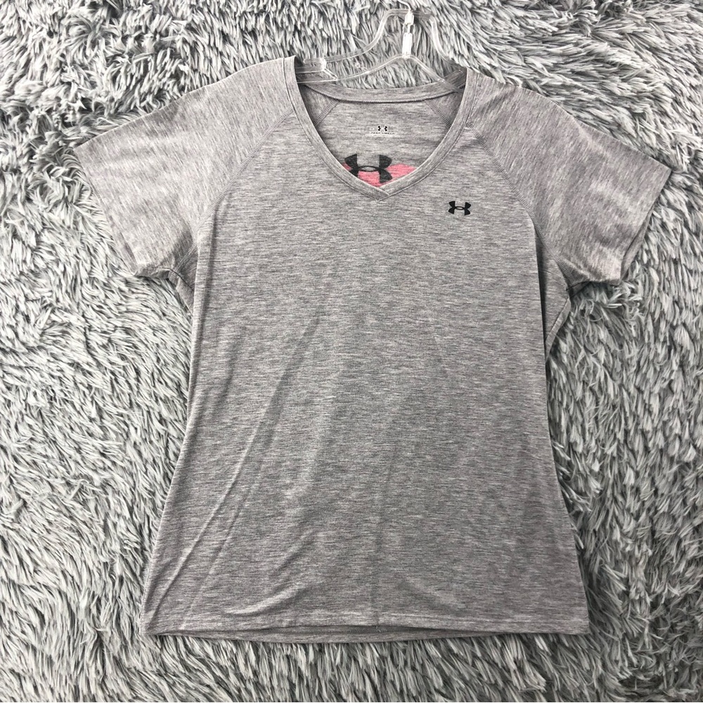 Under Armour UA Shirt Womens Medium Vneck Logo Gray  Success Pain Respect Tshirt